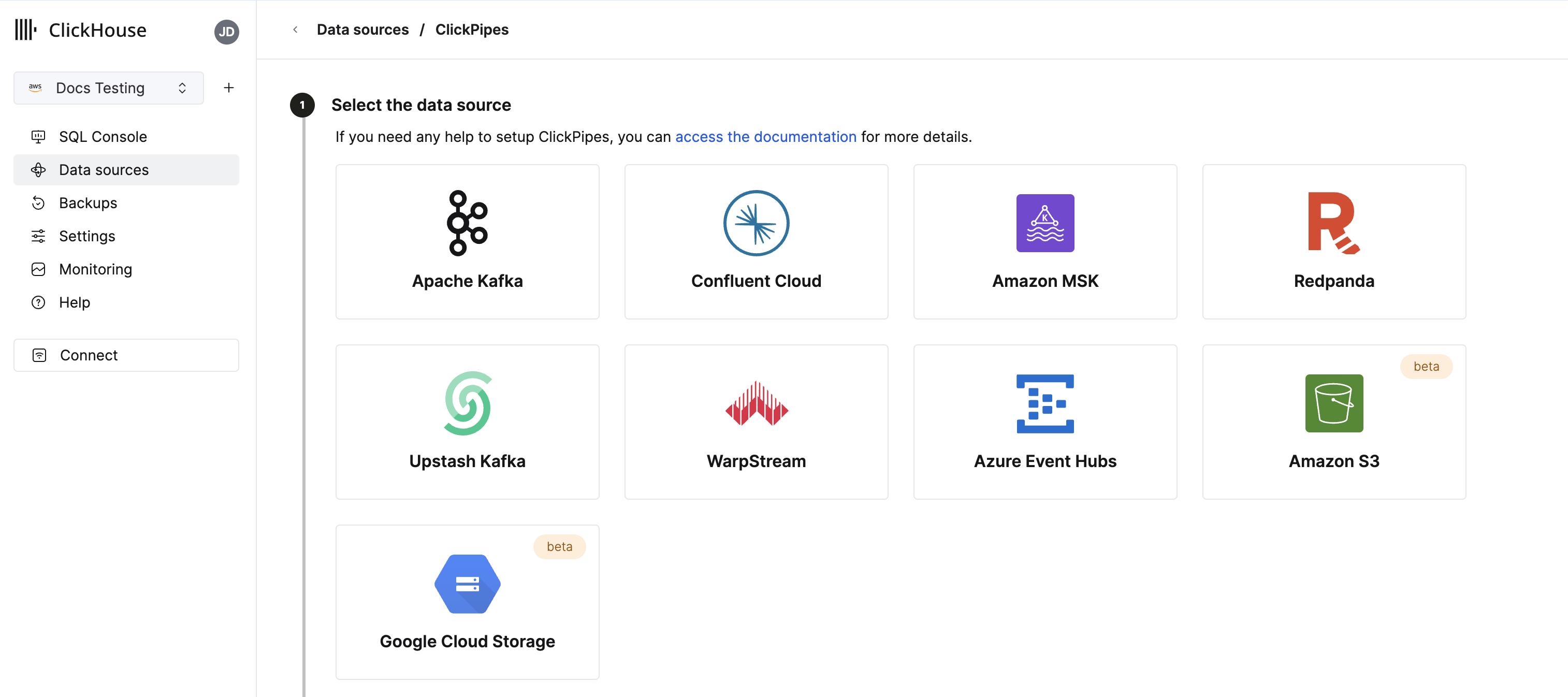 ClickPipes interface showing configuration options for loading data from S3 and GCS buckets