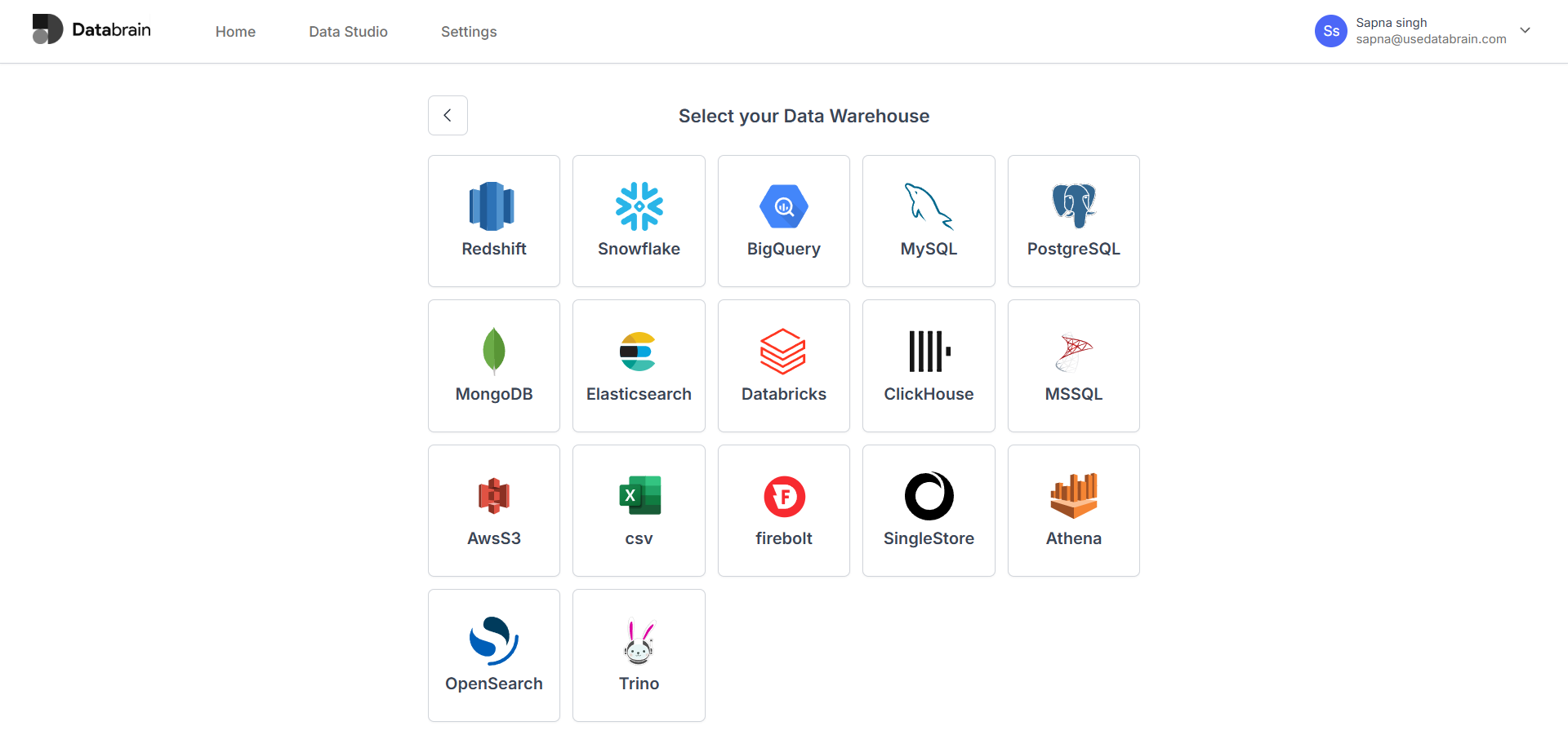 Databrain connector selection showing ClickHouse option