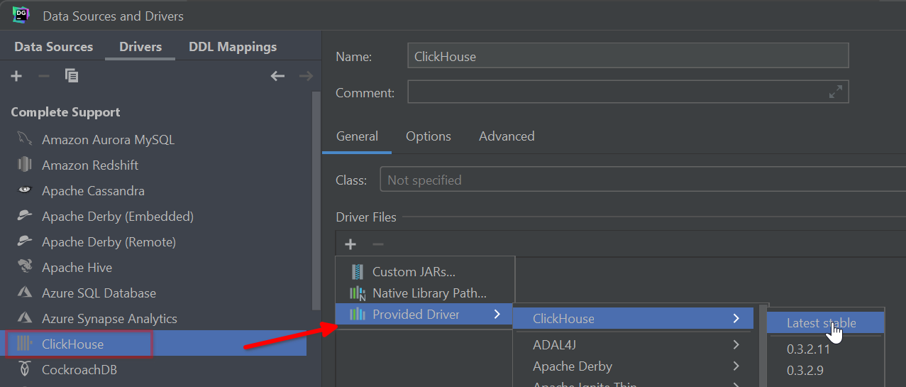 DataGrip Drivers tab showing ClickHouse driver installation
