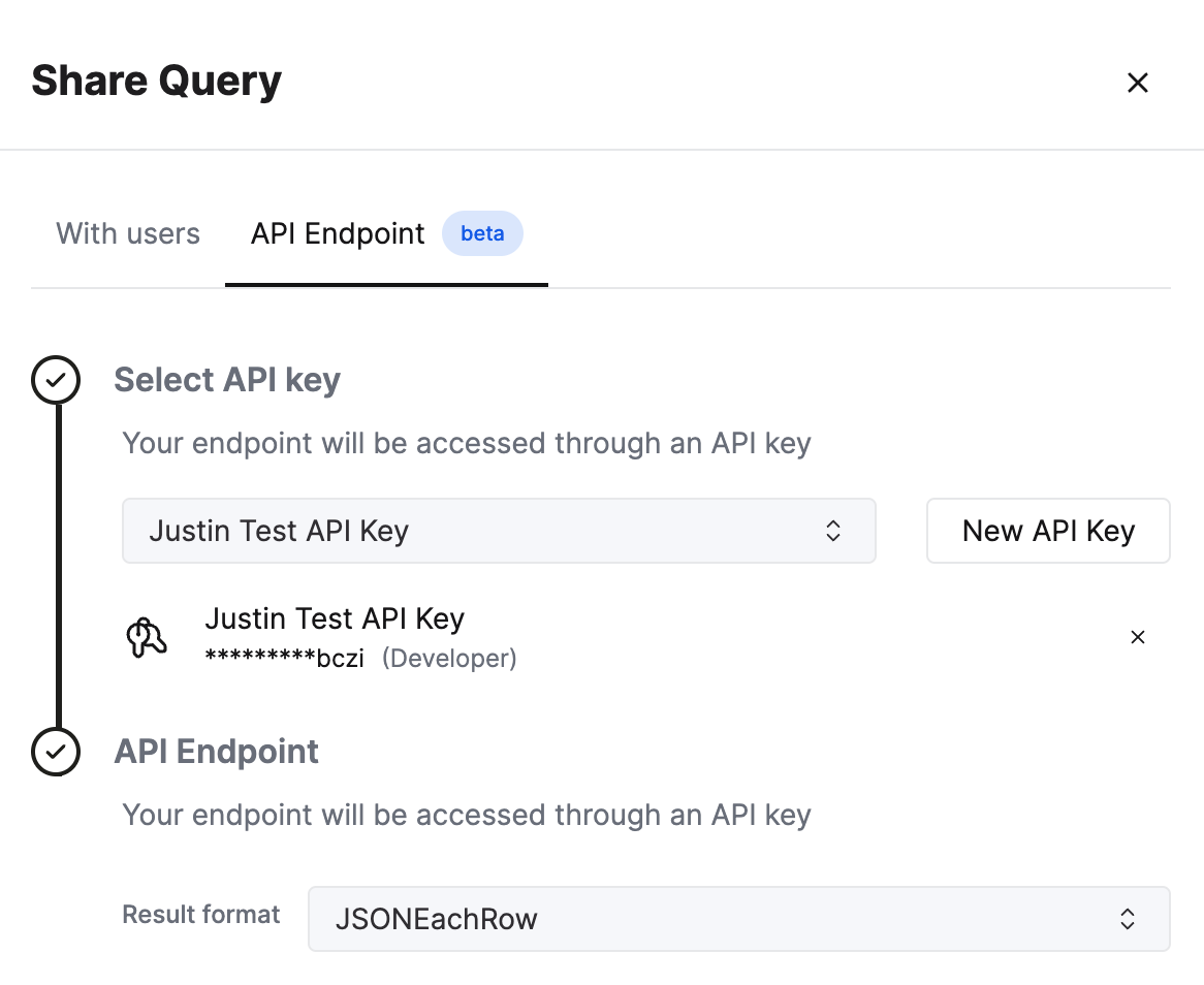 ClickHouse Cloud interface showing Query Endpoints configuration with output format options