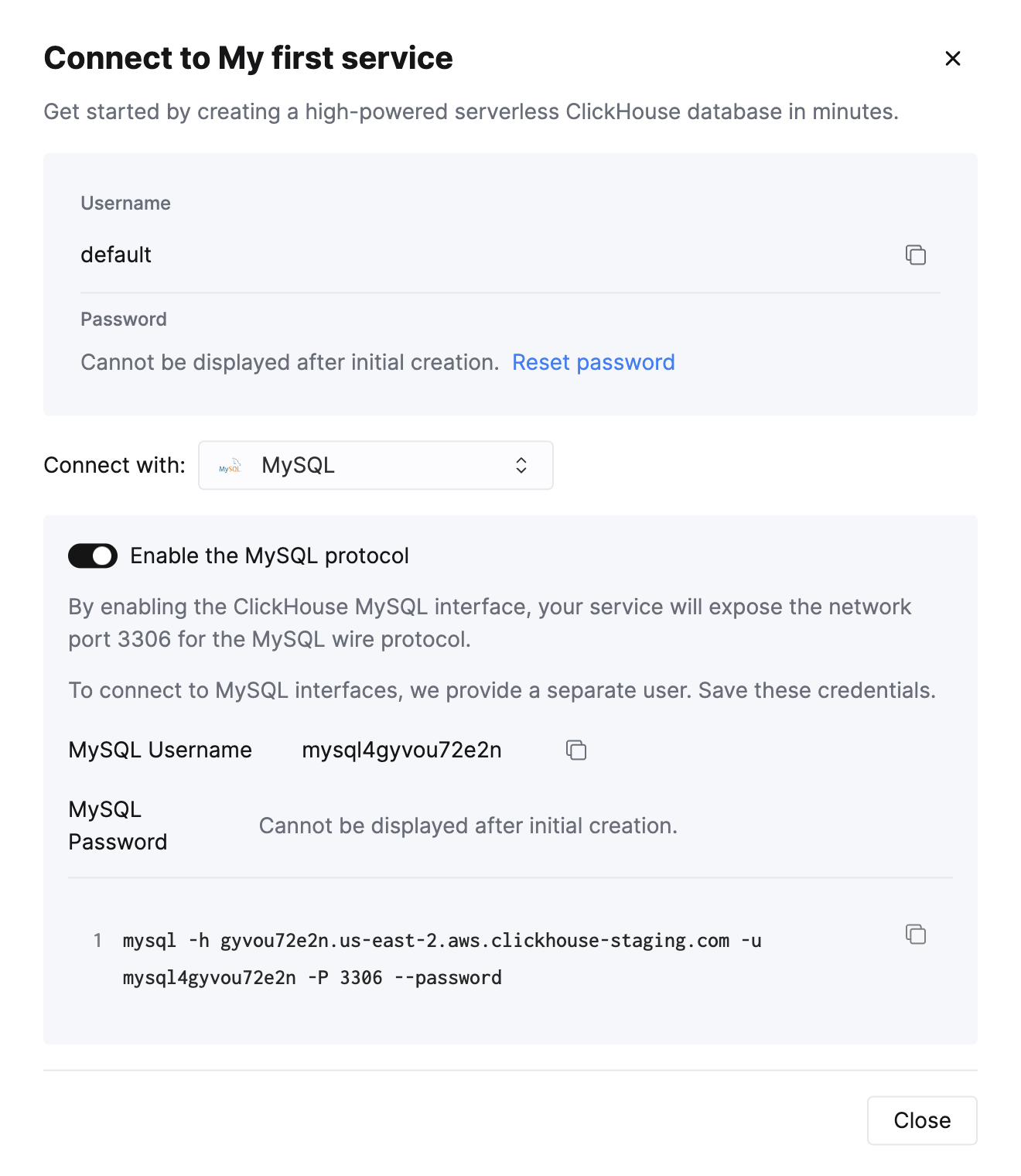 ClickHouse Cloud connection screen with MySQL interface enabled showing connection details