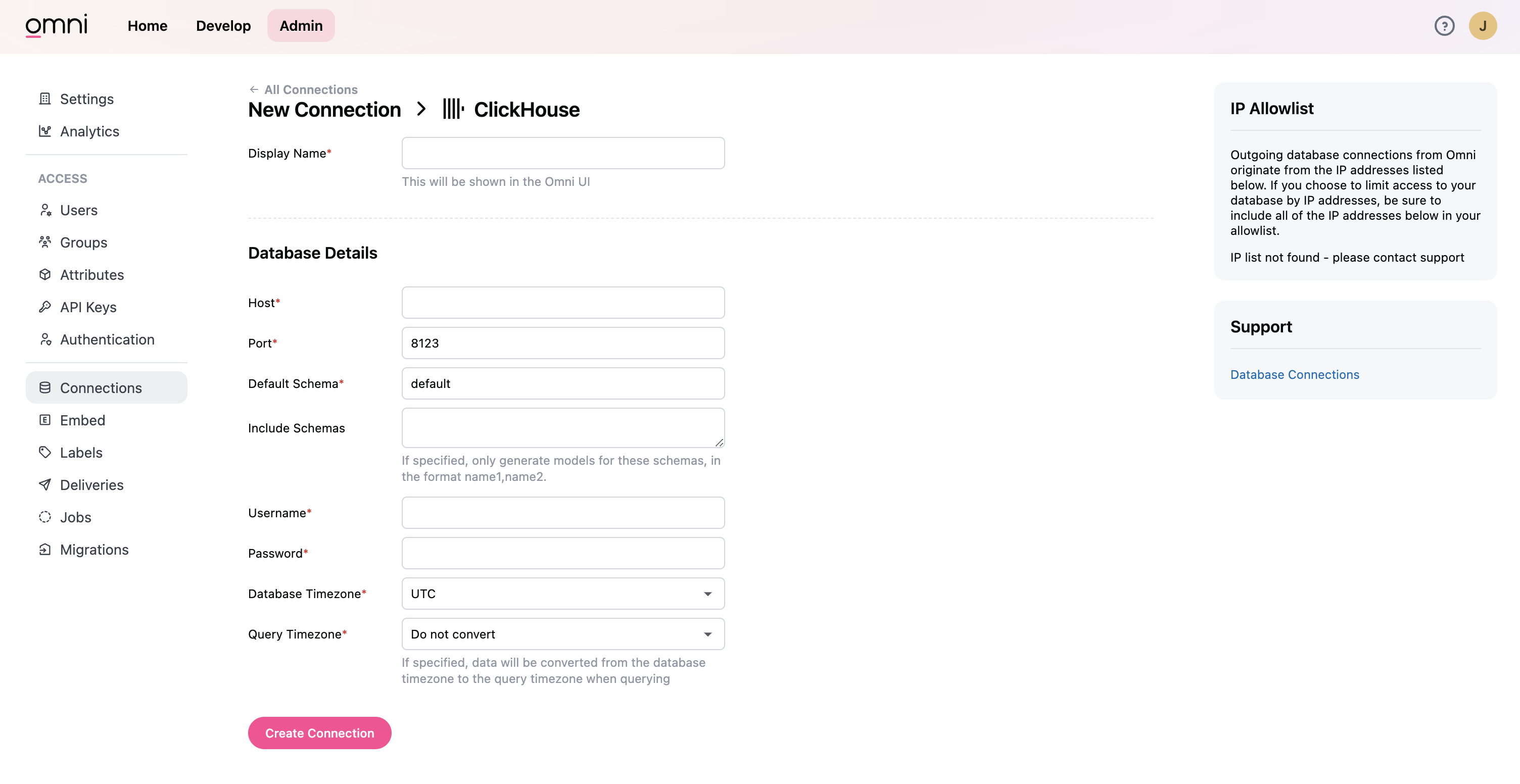 Omni connection configuration interface for ClickHouse showing credential form fields