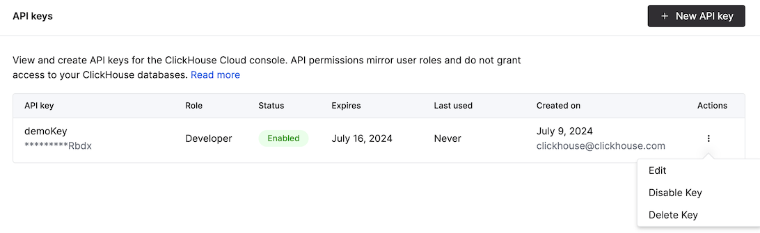 API Keys management page