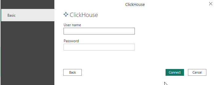 ClickHouse connection credentials dialog for username and password