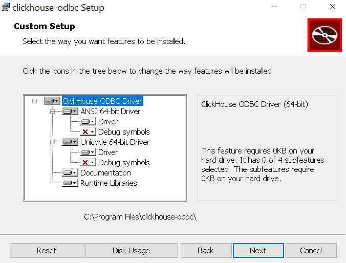 ClickHouse ODBC driver installation wizard showing installation options