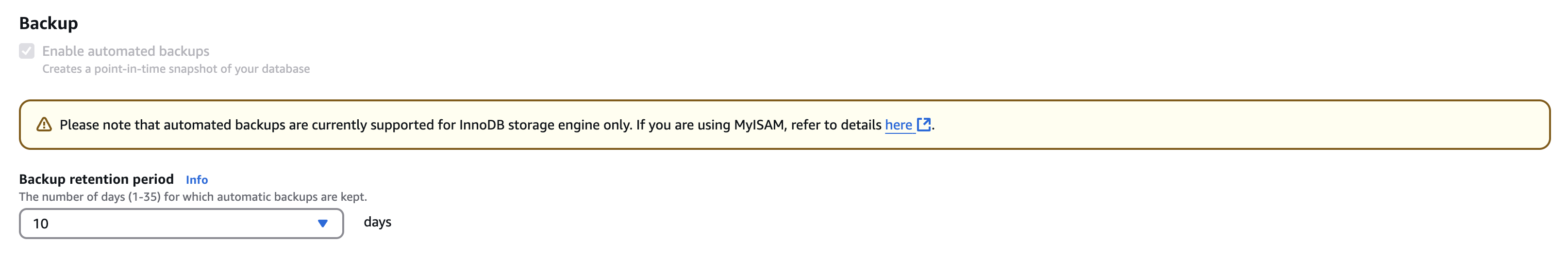 Enabling automated backups in RDS