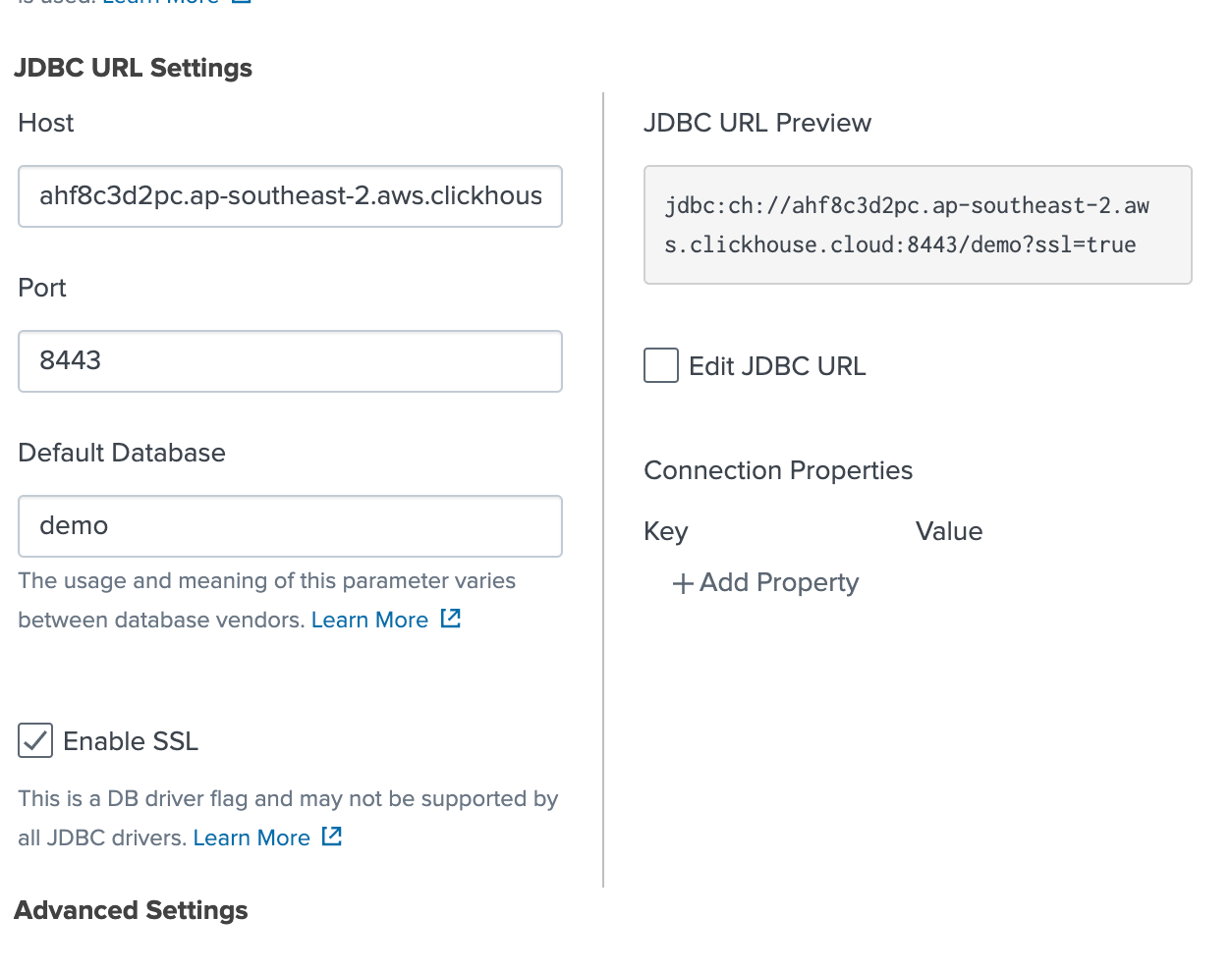 Splunk connection configuration page for ClickHouse
