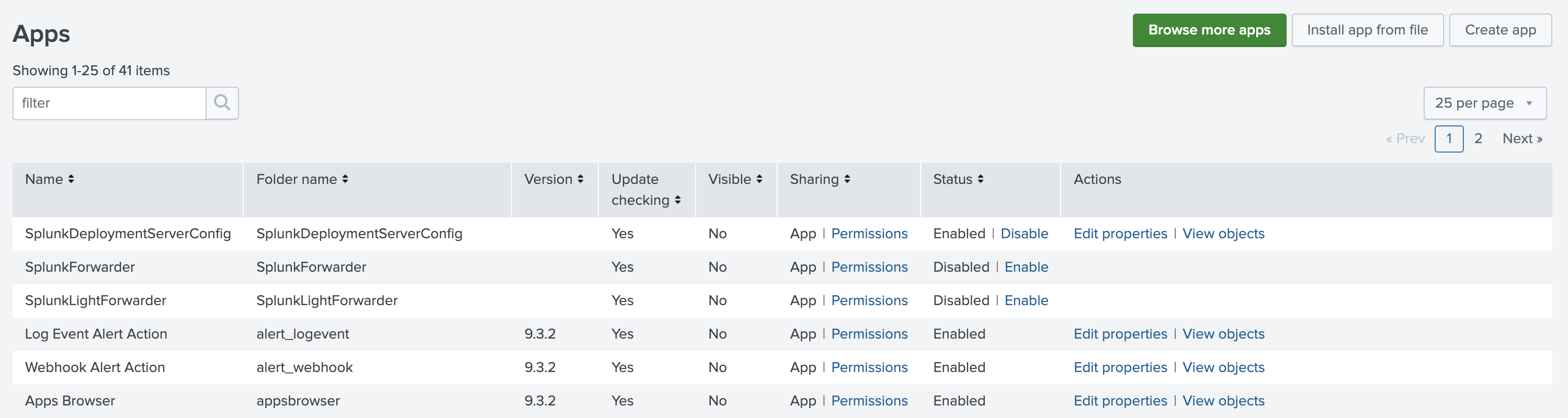 Splunk Enterprise interface showing the Apps management page with Install app from file option