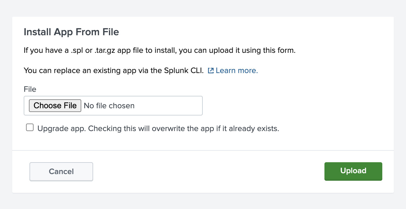 Splunk app installation dialog for uploading the ClickHouse add-on
