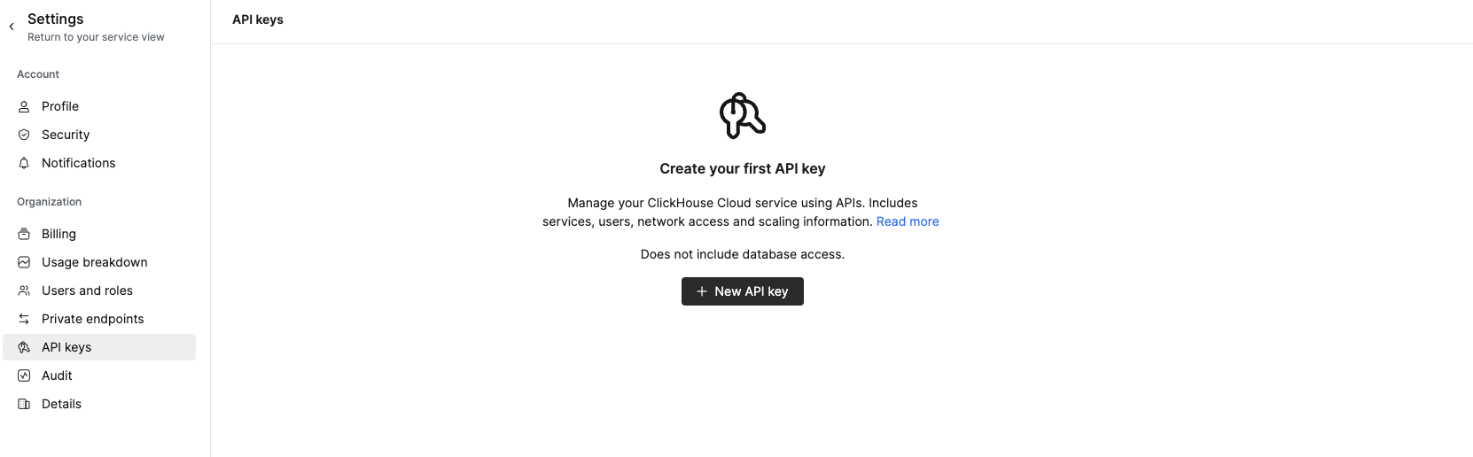 ClickHouse Cloud console showing the API Keys section in the left navigation menu