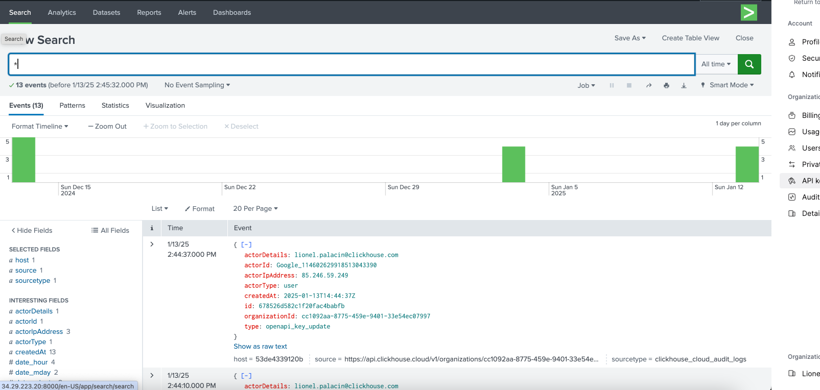 Splunk search interface showing ClickHouse audit logs data