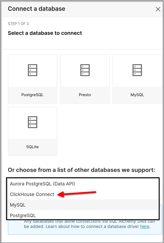 Superset database connection wizard showing ClickHouse Connect option selected