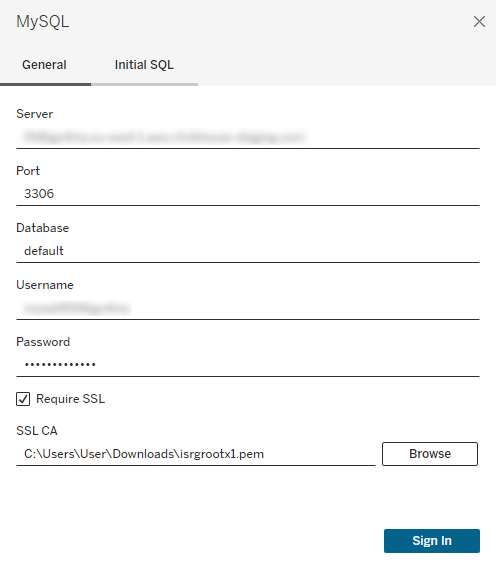 Tableau Desktop MySQL connection dialog with SSL option enabled and fields for server, username, password and certificate
