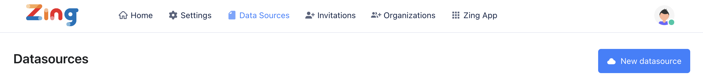 Zing Data interface showing New Datasource button and ClickHouse option in the dropdown menu